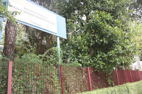 O verde sobre as grades da biblioteca interagae com as espécies da praça